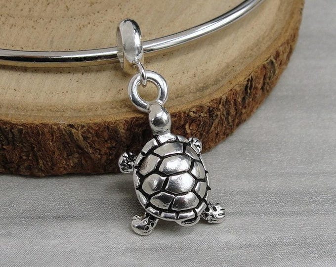 Silver Turtle Dangle Charm, Turtle Charm, Tortoise Charm, Box Turtle Dangle Charm, Turtle Bracelet Charm, Large Hole Bead, Big Hole Bead
