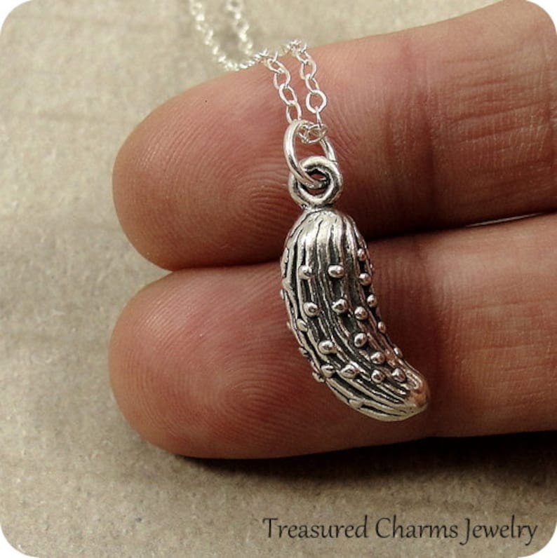 Silver Pickle Charm on a Sterling Silver Cable Chain Pickle or Cucumber Necklace
