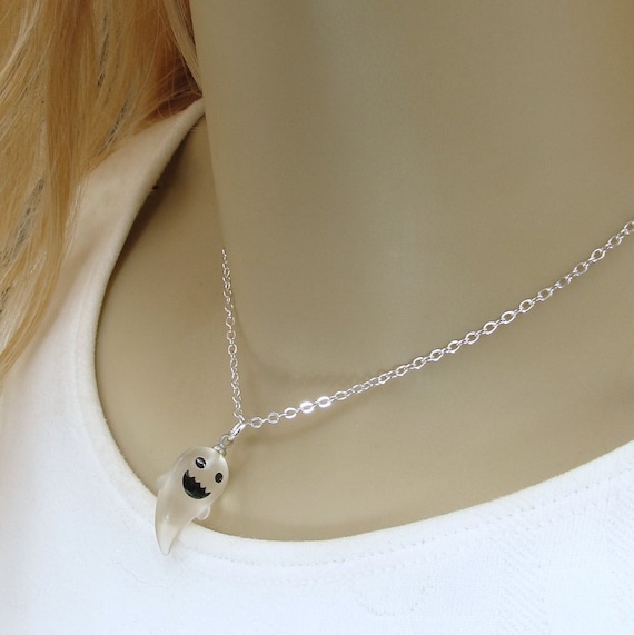 Ghost Necklace, White Resin Ghost Charm, Halloween Ghost Pendant
