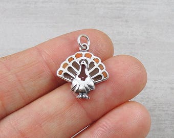 Dressed Thanksgiving Turkey Roasted 3D 925 Sterling Silver Charm MADE IN USA 