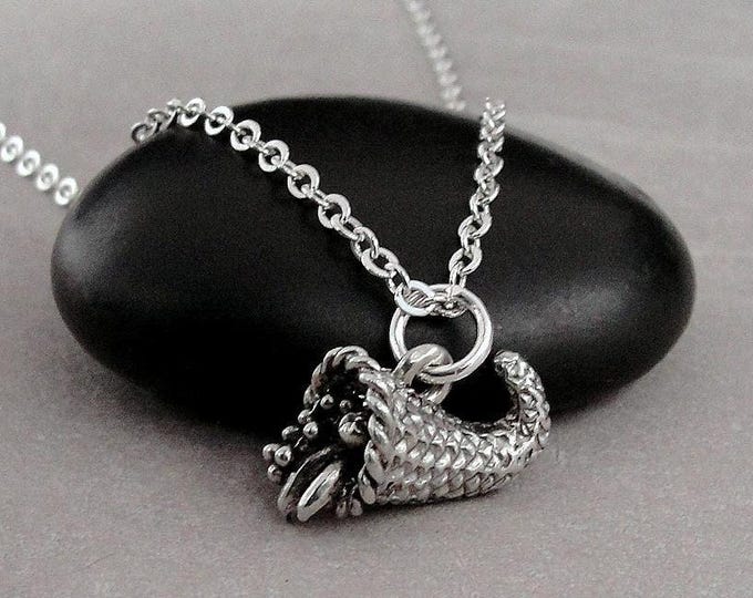 Cornucopia Necklace, Silver Cornucopia Charm Necklace, 3D Horn of Plenty Necklace, Thanksgiving Charm Necklace, Autumn Harvest Charm