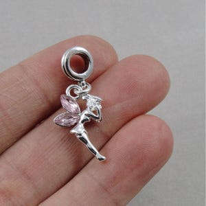 Pink Fairy European Charm, Silver Fairy Dangle Charm, Fairy Charm with Bail, Pixie Charm, Snake Bracelet Charm, Large Hole Bead, Fairy Gift