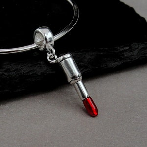 Sterling Silver Lipstick European Dangle Bead Charm, Red Lipstick Charm, Makeup Charm with Bail, Fashion Charm, Large Hole Bead