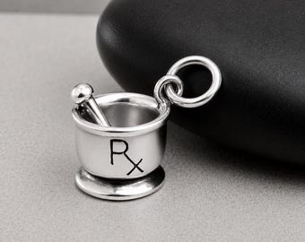 Sterling Silver 3D Mortar and Pestle Charm, Pharmacy Pendant for Bracelet, Pharmacist Charm, Pharmacist Gift