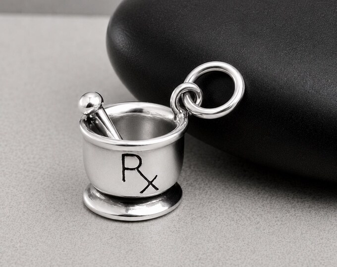 Sterling Silver 3D Mortar and Pestle Charm, Pharmacy Pendant for Bracelet, Pharmacist Charm, Pharmacist Gift