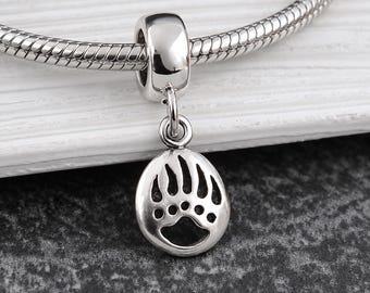 Bear Paw European Charm, Sterling Silver Bear Claw Dangle Charm, Bear Paw Charm with Bail, Snake Bracelet Charm, Large Hole Bead