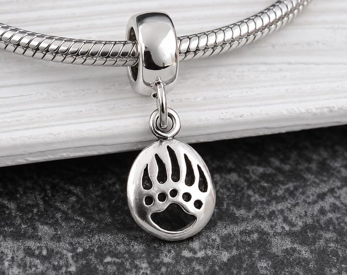 Bear Paw European Charm, Sterling Silver Bear Claw Dangle Charm, Bear Paw Charm with Bail, Snake Bracelet Charm, Large Hole Bead