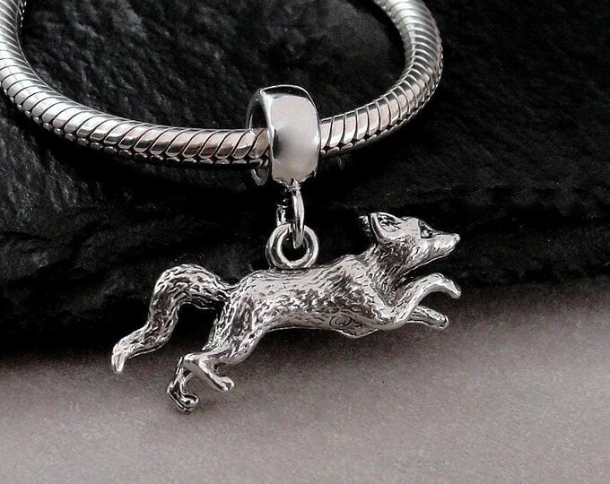 Fox European Charm, Silver Running Fox Dangle Charm, Wild Fox Charm with Bail, Coyote Charm with Bail, Fox Large Hole Bead, Fox Gift Jewelry