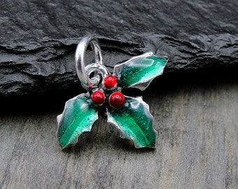 Holly Berries Charm, Silver Christmas Charm, Holly Berry Charm, Mistletoe Charm, Green and Red Holly Berries Pendant, Christmas Jewelry