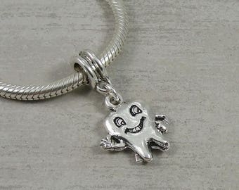 Tooth European Dangle Bead Charm - Silver Smiling Tooth Charm for European Bracelet