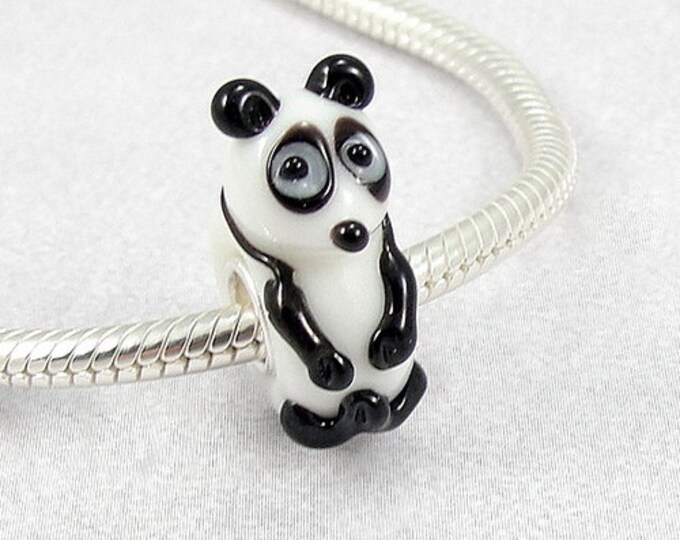 CLOSEOUT -  Panda Bear Large Hole Lampwork Glass Bead - 925 Sterling Silver European Bead Charm
