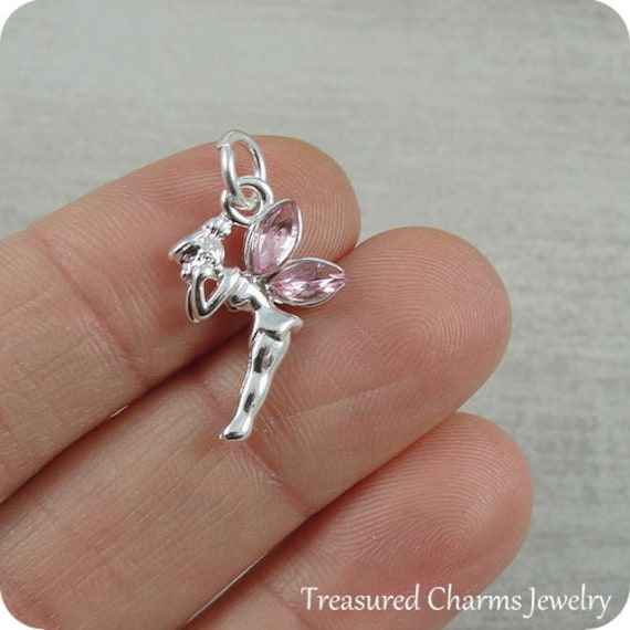 Fairy Charm Silver Fairy With Pink Wings for Necklace or Bracelet 