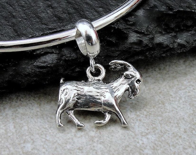 Goat Dangle Bead Charm, Sterling Silver Goat European Charm, 3D Goat Charm with Bail, Snake Bracelet Charm, Large Hole Bead, Goat Gift