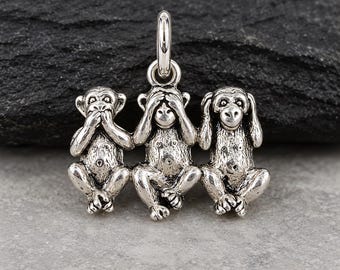 Three Wise Monkeys Charm, Silver No Evil Monkey Charm, See Hear Speak No Evil Charm, Monkey Charm, Necklace Charm, Bracelet Charm