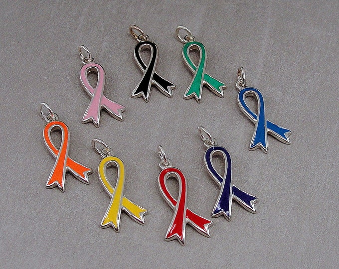 925 Sterling Silver Awareness Ribbon Charms - Pick Your Color - Enameled Orange, Pink, Red, Purple, Teal, Green, Black Awarenes Ribbon Charm