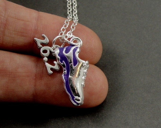 Marathon Running Shoe Necklace, Silver and Purple 26.2 Marathon Shoe Charm on a Silver Cable Chain