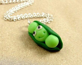 Peas in a Pod Necklace, Fimo Clay 3 Peas in a Pod Peapod Charm on a Silver Cable Chain