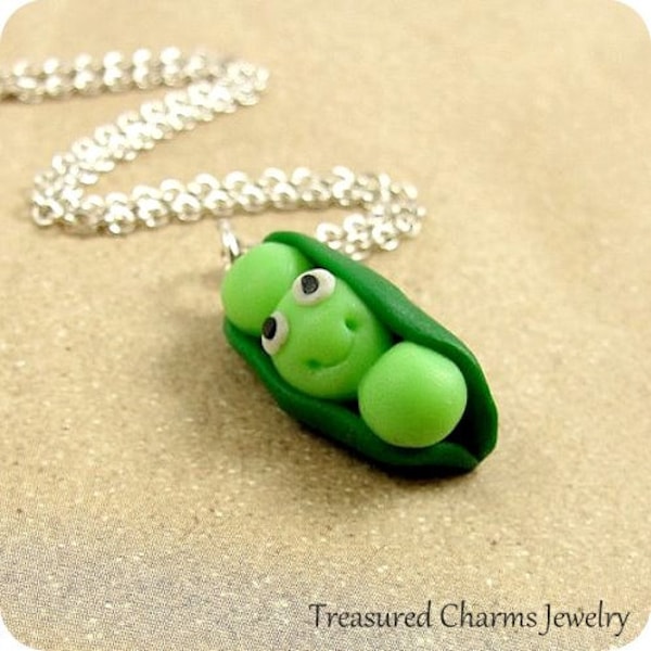 Peas in a Pod Necklace, Fimo Clay 3 Peas in a Pod Peapod Charm on a Silver Cable Chain