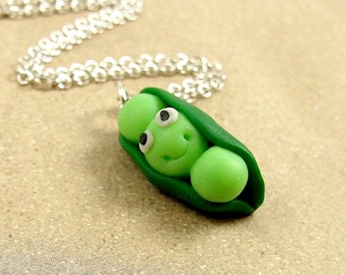 Peas in a Pod Necklace, Fimo Clay 3 Peas in a Pod Peapod Charm on a Silver Cable Chain