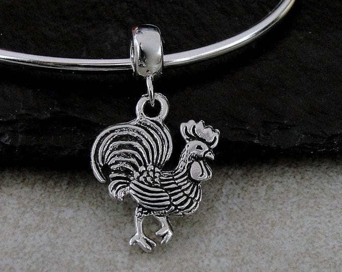 Rooster European Charm, Silver Rooster Dangle Charm, Hen Charm with Bail, Farm Animal Charm, Barnyard Charm, Rooster Gift, Rooster Jewelry
