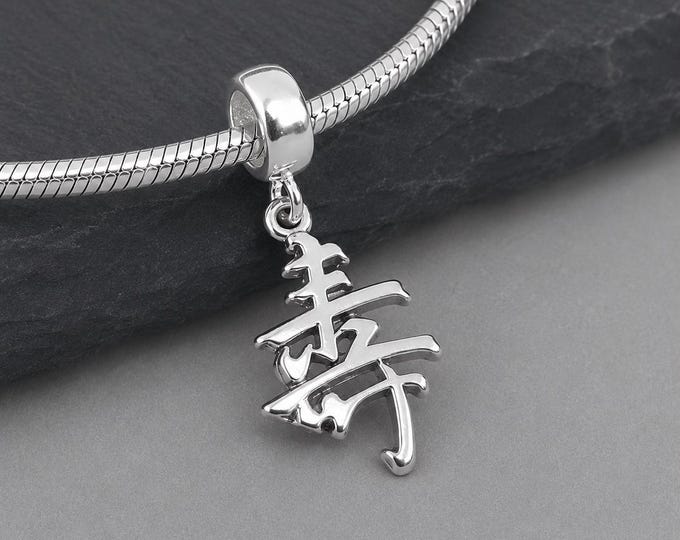 Sterling Silver Chinese Long Life Dangle Charm, Chinese Longevity Symbol Pendant with Bead Bail, Fits European Charm Bracelets, Shou Charm