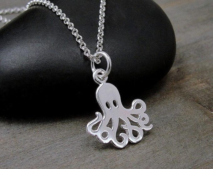 Octopus Necklace, 925 Sterling Silver Octopus Charm on a Silver Cable Chain, 925 Squid Charm, Sealife Charm Necklace, Cute Octopus Gift