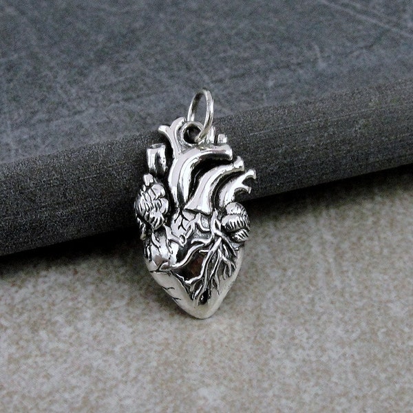 Anatomical Heart Charm, Sterling Silver Anatomical Heart Charm for Necklace, Human Heart Charm, Beating Heart Charm, Realistic Heart Charm