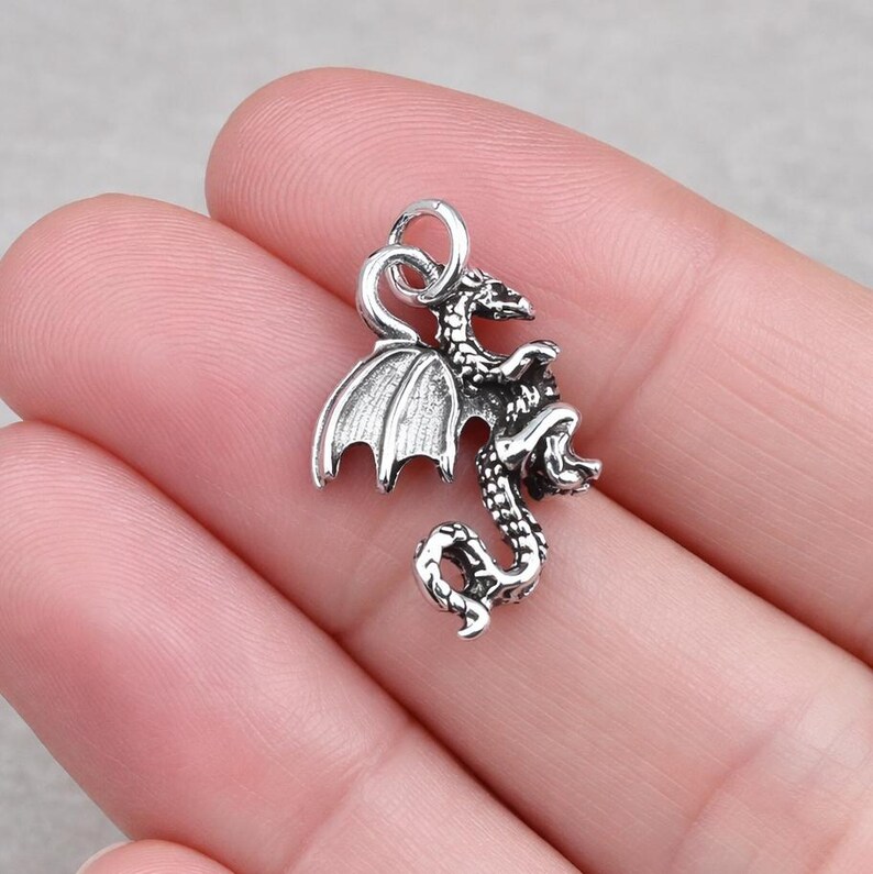 Dragon Charm, Silver 3D Dragon Pendant for Necklace or Bracelet, Mythical Charm, Fantasy Jewelry, Flying Serpent Pendant image 3