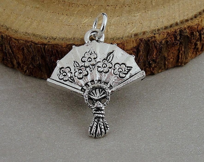 Victorian Fan Charm, Silver Hand Fan Charm, Folding Accordian Fan Charm, Asian Fan Charm, Necklace Charm, Bracelet Charm, Ornate Fan Jewelry
