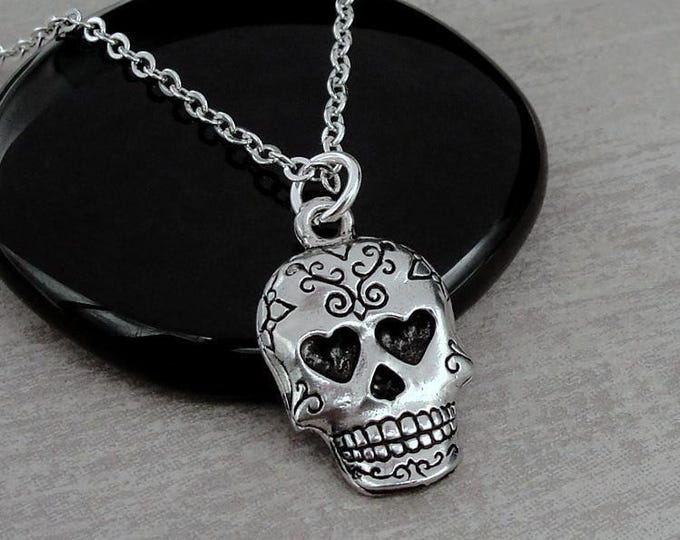 Sugar Skull Necklace, Silver Sugar Skull Charm, Dia de los Muertos Necklace, Day of the Dead Jewelry, Candy Skull Charm, Halloween Necklace