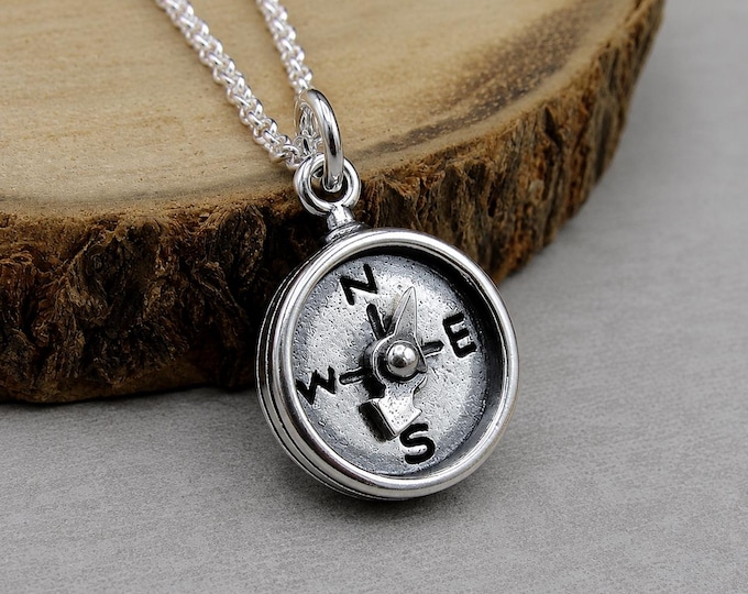 925 Sterling Silver Compass Necklace, Compass Charm, Graduation Necklace, Hiking Necklace, Camping Necklace, Nautical Necklace