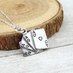 Collana in argento sterling 925 con quattro assi, collana con ciondolo a quattro assi, collana da casinò, collana da gioco d'azzardo, collana da poker, regalo da mazziere di carte