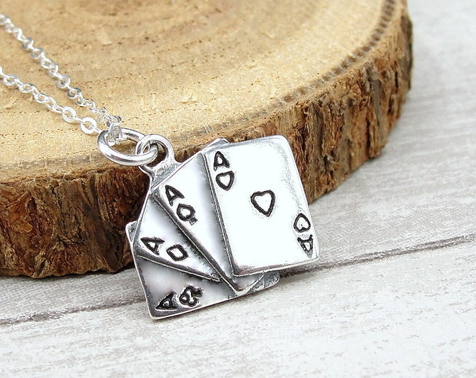 925 Sterling Silver Four Aces Cards Necklace, 4 Aces Charm Necklace, Casino Necklace, Gambling Necklace, Poker Necklace, Card Dealer Gift