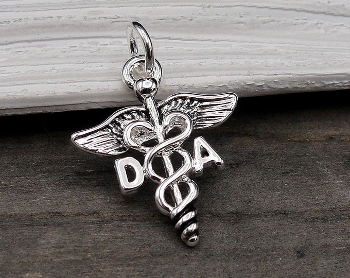 Dental Assistant Charm, Silver DA Caduceus Charm, Dental Assistant Pendant, Dental Assistant Symbol, Dental Assistant Gift