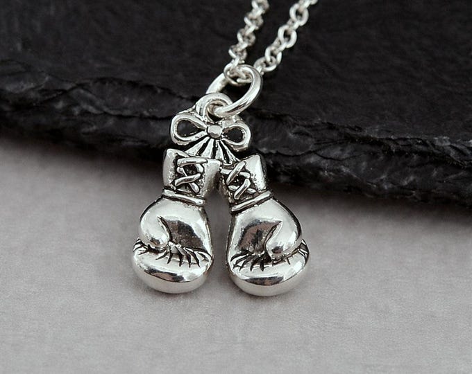 Boxing Gloves Necklace, Silver Plated 3D Boxer Charm, Fighter Jewelry, Fighting Cancer Survivor Gift
