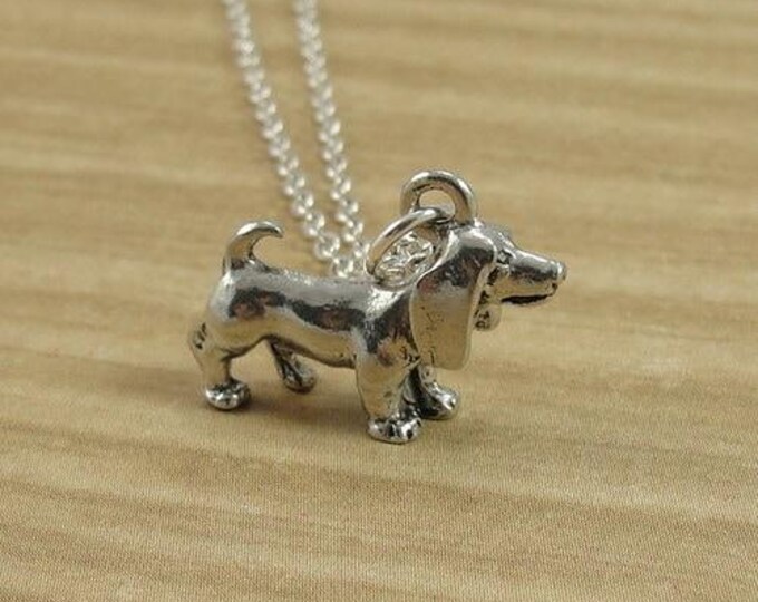 Basset Hound Necklace, Silver Basset Hound Charm on a Silver Cable Chain
