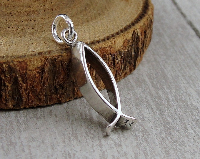 Christian Fish Charm, 925 Sterling Silver Christian Fish Charm, Jesus Fish Charm, Ichthus Fish Charm, Ichthys Fish Charm, Religious Charm