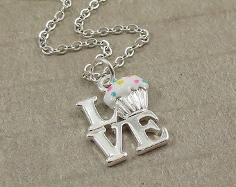 Love Vanilla Cupcakes, Silver Plated Love Cupcakes Charm on a Silver Cable Chain