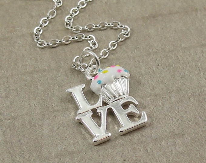 Love Vanilla Cupcakes, Silver Plated Love Cupcakes Charm on a Silver Cable Chain