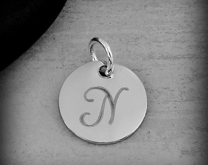Stainless Steel Letter N Charm, Silver Engraved Letter N Round Disc Initial Charm, Cursive N Charm, Engraved Alphabet Script Font Pendant