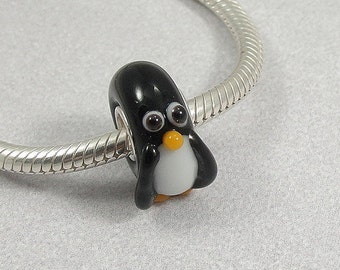 Penguin Large Hole Lampwork Glass Bead - 925 Sterling Silver European Bead Charm