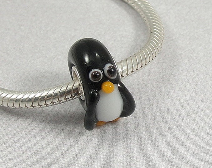 Penguin Large Hole Lampwork Glass Bead - 925 Sterling Silver European Bead Charm