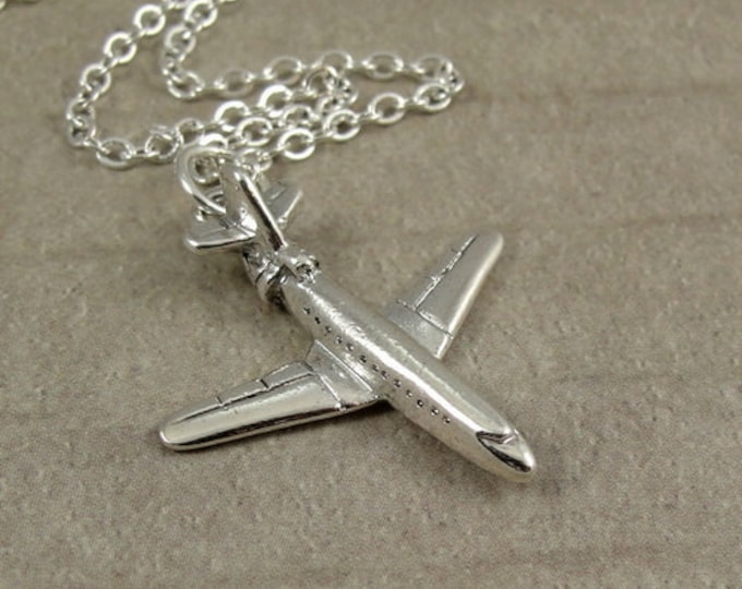 Airplane Necklace, Silver Airplane Charm on a Silver Cable Chain