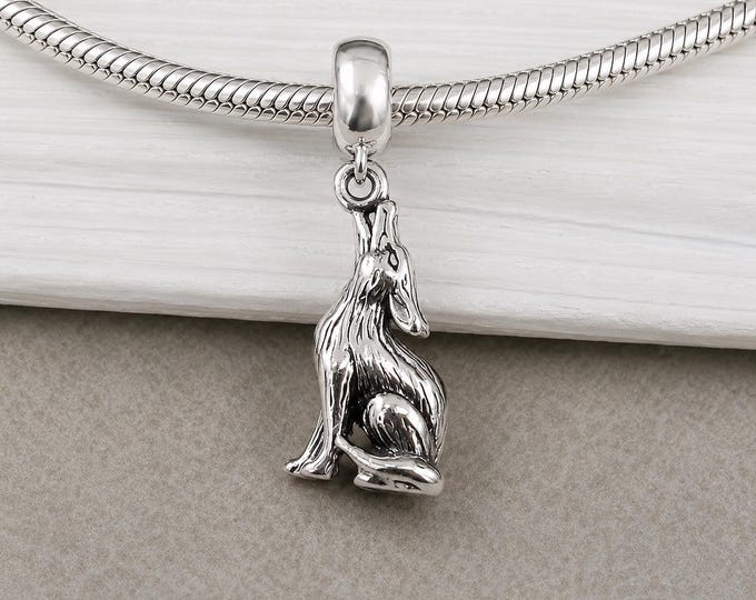 Sterling Silver 3D Wolf Charm, Coyote Charm, European Bracelet Dangle Bead, 925 Silver Wolf Charm with Bail