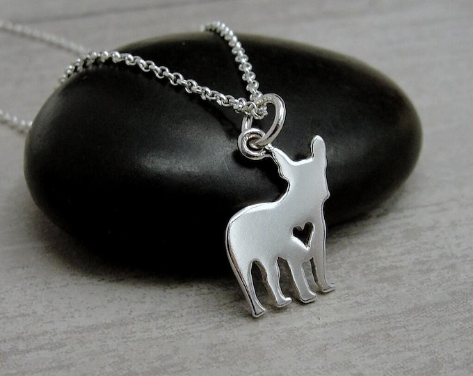 French Bulldog Heart Necklace, Sterling Silver French Bulldog Charm on a Silver Cable Chain, Boston Terrier Necklace, French Bulldog Gift