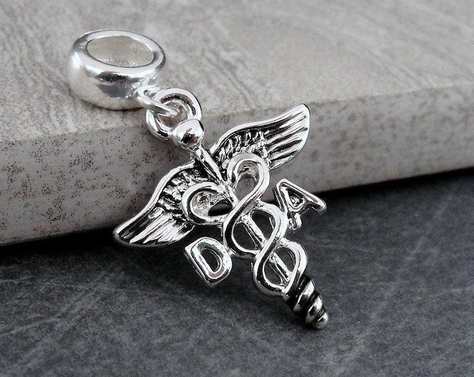 Silver Dental Assistant Dangle Charm, DA Caduceus Charm, Dental Assistant Symbol Charm, Dentist Dangle Charm, Large Hole Bead, Big Hole Bead