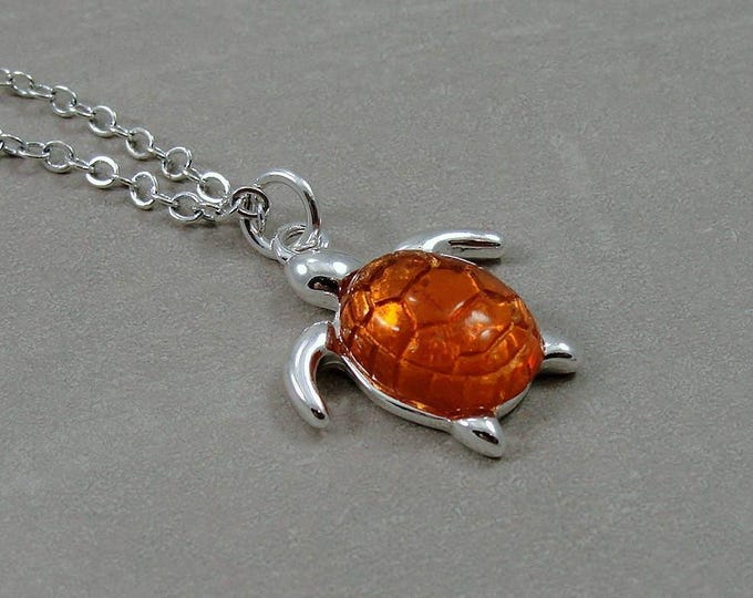 Sea Turtle Necklace with Resin Shell , Silver Plated Sea Turtle Charm on a Silver Cable Chain