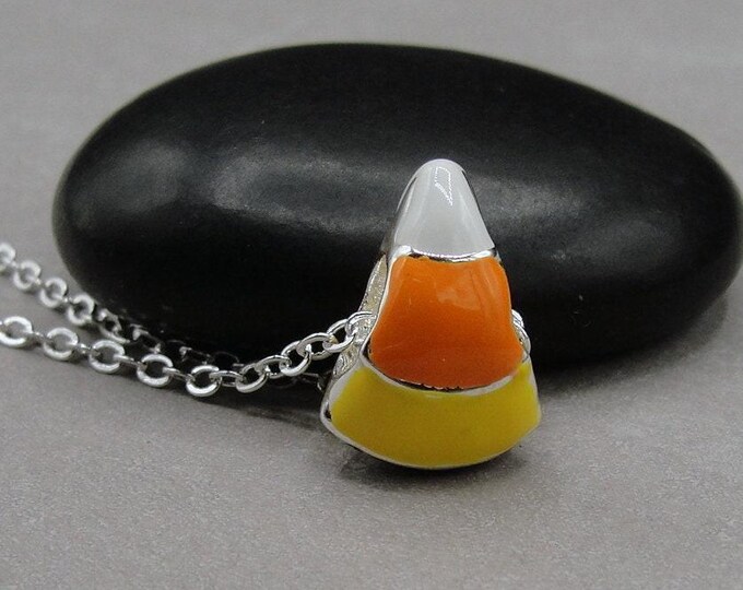 Candy Corn Necklace, Halloween Necklace, Candy Corn Charm, Halloween Bead Charm, Halloween Candy, 3D Candy Corn Bead on a Silver Cable Chain