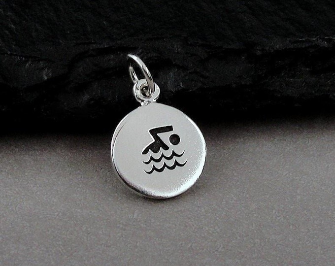 Swimming Charm, Sterling Silver Swimmer Charm for Necklace or Bracelet, Swimming Disc Charm, Swimmer Gift, Swimming Gift, Swimming Jewelry