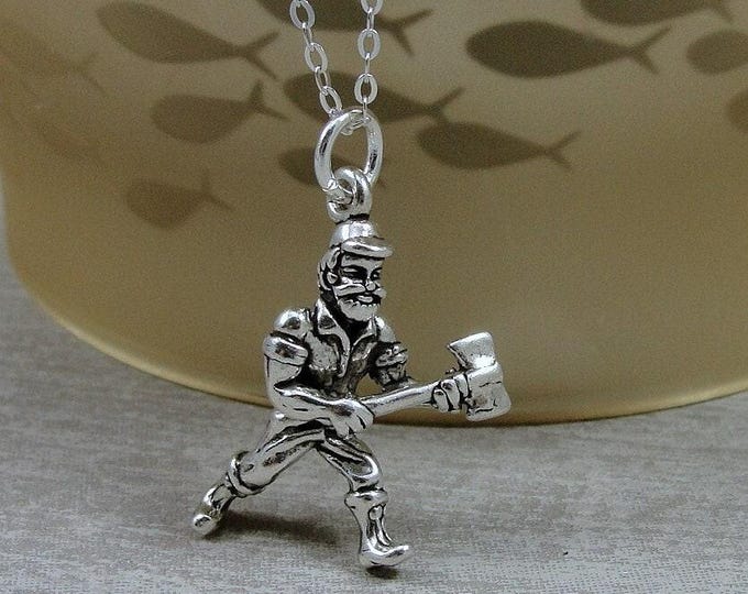 Sterling Silver Lumberjack Necklace, Woodsman Necklace, Paul Bunyan Charm, 3D Lumberjack Pendant Necklace